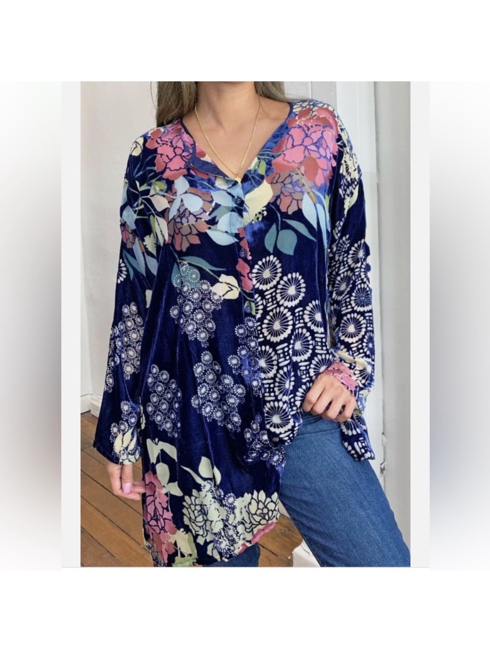 Johnny Was Sierra Burnout Cya Tunic Blue Floral. Size Small.